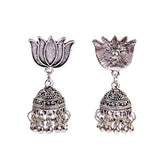 Antique Silver Lotus Bell Drop Jhumka Earrings Antique Boho Statement Jewelry