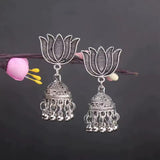 Antique Silver Lotus Bell Drop Jhumka Earrings Antique Boho Statement Jewelry