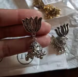Antique Silver Lotus Bell Drop Jhumka Earrings Antique Boho Statement Jewelry