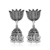 Antique Silver Lotus Bell Drop Jhumka Earrings Antique Boho Statement Jewelry