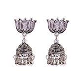 Antique Silver Lotus Bell Drop Jhumka Earrings Antique Boho Statement Jewelry