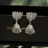 Antique Silver Lotus Bell Drop Jhumka Earrings Antique Boho Statement Jewelry