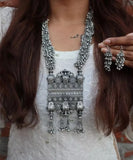 Oxidized Silver Afghani Long Mala Necklace & Earrings Ethnic Statement Jewelry Set for Navratri Garbha