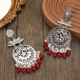 Antique Silver Red Long Drop Dangle Oxidized Peacock Statement Jhumka Earrings