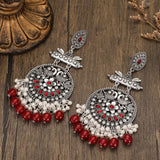 Antique Silver Red Long Drop Dangle Oxidized Peacock Statement Jhumka Earrings