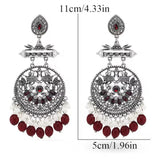Antique Silver Red Long Drop Dangle Oxidized Peacock Statement Jhumka Earrings