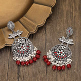 Antique Silver Red Long Drop Dangle Oxidized Peacock Statement Jhumka Earrings