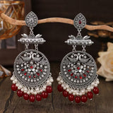 Antique Silver Red Long Drop Dangle Oxidized Peacock Statement Jhumka Earrings