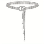 Sparkling Double O-Ring Silver Crystal Waist Chain Band Corset Belt Accessory