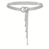 Sparkling Double O-Ring Silver Crystal Waist Chain Band Corset Belt Accessory