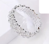 Silver 3-Row Crystal Tennis Bracelet Wide FlexibleStatement Cuff Evening Bangle