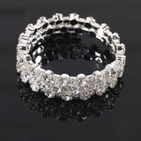 Silver 3-Row Crystal Tennis Bracelet Wide FlexibleStatement Cuff Evening Bangle