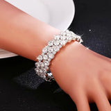 Silver 3-Row Crystal Tennis Bracelet Wide FlexibleStatement Cuff Evening Bangle