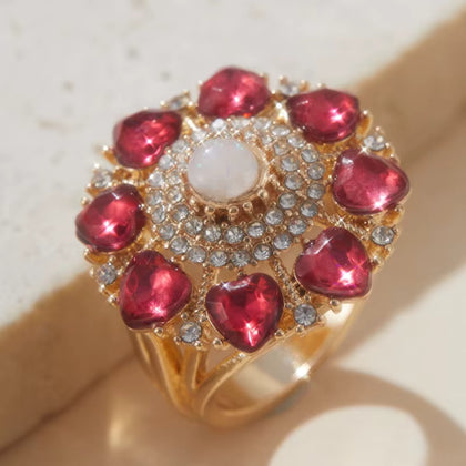 Red Hearts Flower Adjustable Gold Tone Finger Ring Fashion Jewelry Statement For Women