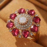 Red Hearts Flower Adjustable Gold Tone Finger Ring Fashion Jewelry Statement For Women