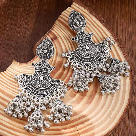 Lightweight Ethnic Oxidized Silver Jhumka Bell Long Drop Garba Navratri Earrings