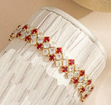 Multi Row Princess Cut Ruby & Clear Sparkling CZ Crystal Statement Cuff Bracelet