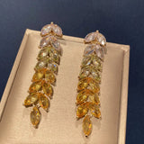 Luxury Design Yellow Crystal Leaf Drop Dangle Tassel Earrings for Women Party Wedding Jewelry