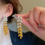 Luxury Design Yellow Crystal Leaf Drop Dangle Tassel Earrings for Women Party Wedding Jewelry