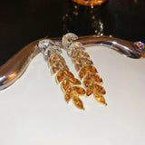 Luxury Design Yellow Crystal Leaf Drop Dangle Tassel Earrings for Women Party Wedding Jewelry