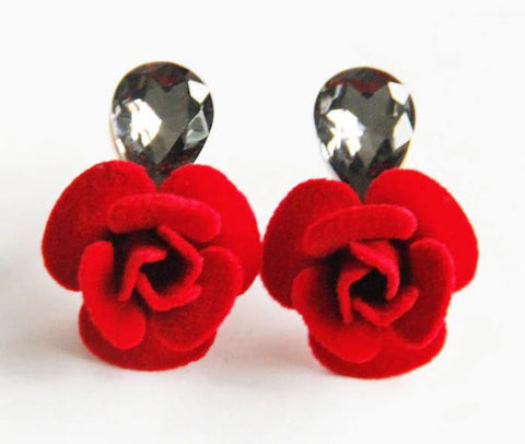 Trendy & Classy Red Rose Crystal Water Drop Flower Stud Earrings Gorgeous Ruby Red Fashion Jewelry Earrings - EonShoppee