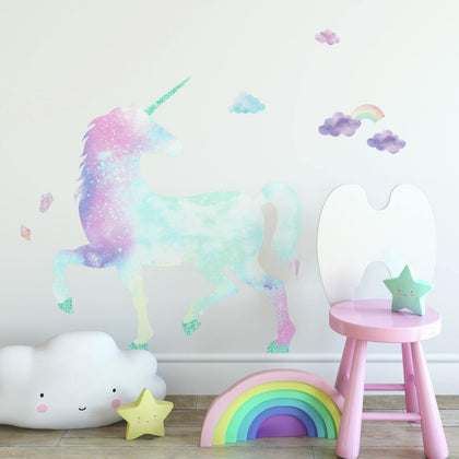 Watercolor Galaxy Unicorn Peel And Stick Giant Wall Decal with Glitter - EonShoppee