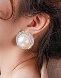 Exquisite Big Round Pearl Over Sized Silver Stud Earrings Crystal Statement Stud Earrings