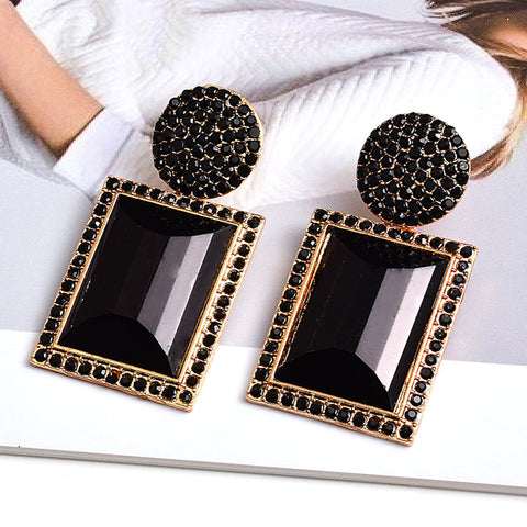 Exquisite Golden Black Crystal Geometric Square Stylish Fashion Jewelry Earrings for Women