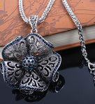 Stylish Blue Crystal Big Scroll Flower Pendant Long Sweater Necklace New Fashion Jewelry