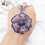 Stylish Blue Crystal Big Scroll Flower Pendant Long Sweater Necklace New Fashion Jewelry