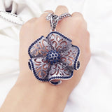 Stylish Blue Crystal Big Scroll Flower Pendant Long Sweater Necklace New Fashion Jewelry