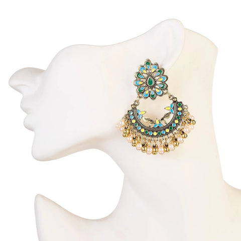 Gorgeous Multi Color Ethnic Green Flower Indian Wedding Big Jhumka Earrings with Pearl Beads Oxidized Jewelry