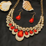 3pc Bridal Fashion Jewelry Set Chunky Luxury Red Crystal Necklace and Earrings