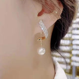 Shiny Golden Crystal Pearl Pendant Drop Long Tassel Elegant Fashion Jewelry Earrings