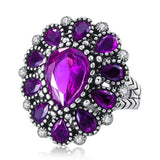 Silver Tone Purple Crystal Big Flower Finger Ring Female Luxury Wedding Ring Size 7