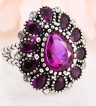 Silver Tone Purple Crystal Big Flower Finger Ring Female Luxury Wedding Ring Size 7