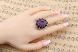 Silver Tone Purple Crystal Big Flower Finger Ring Female Luxury Wedding Ring Size 7