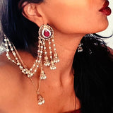 Antique Gold Red Crystal Pearl Tassel Long Sahara Bead Chain Traditional Jhumka Earrings