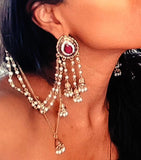 Antique Gold Red Crystal Pearl Tassel Long Sahara Bead Chain Traditional Jhumka Earrings