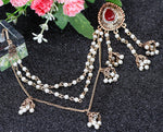 Antique Gold Red Crystal Pearl Tassel Long Sahara Bead Chain Traditional Jhumka Earrings