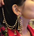 Antique Gold Red Crystal Pearl Tassel Long Sahara Bead Chain Traditional Jhumka Earrings