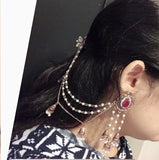 Antique Gold Red Crystal Pearl Tassel Long Sahara Bead Chain Traditional Jhumka Earrings