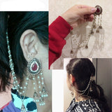 Antique Gold Red Crystal Pearl Tassel Long Sahara Bead Chain Traditional Jhumka Earrings