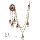 Antique Gold Red Crystal Pearl Tassel Long Sahara Bead Chain Traditional Jhumka Earrings