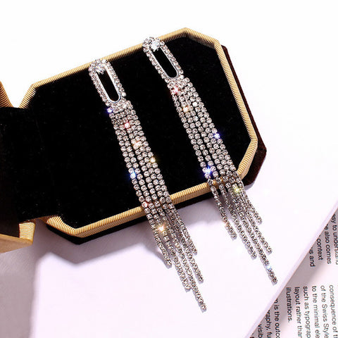 Shiny Silver Crystal Multi Tassel Long Earrings Women Party Fashion Jewelry Dangle Earrings