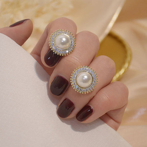 Gorgeous Gold Plated Big Round Pearl Crystal Stud Earrings Wedding Fashion Jewelry Party Earrings