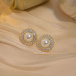 Gorgeous Gold Plated Big Round Pearl Crystal Stud Earrings Wedding Fashion Jewelry Party Earrings