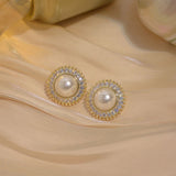 Gorgeous Gold Plated Big Round Pearl Crystal Stud Earrings Wedding Fashion Jewelry Party Earrings