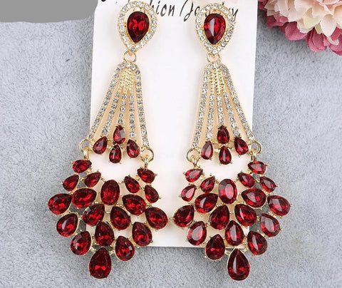 Exclusive Red Crystal Long Drop Dangle Chandelier Luxury Fashion Jewelry Bridal Earrings - EonShoppee