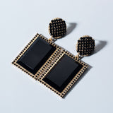 Exquisite Golden Black Crystal Geometric Square Stylish Fashion Jewelry Earrings for Women